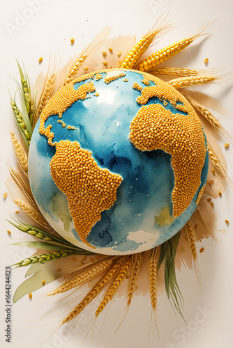 earth globe with sun and wheat