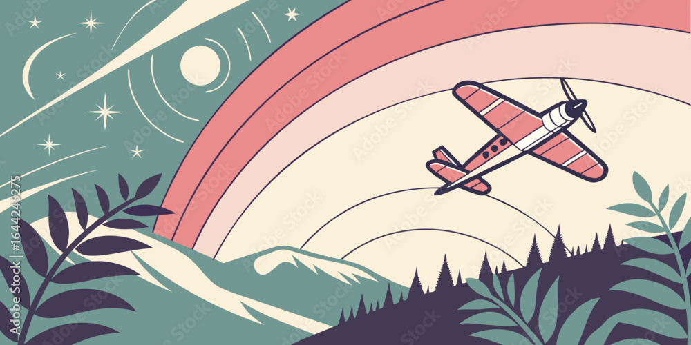 Fototapeta premium Vector illustration of a cartoon airplane flying over a summer beach and sea landscape