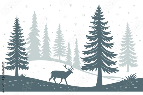 A lone deer stands among pine trees in a snowy winter forest landscape, with snowflakes falling from the sky