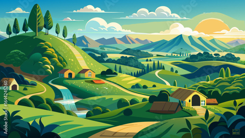 Golden fields meet tranquil streams, while lush meadows stretch toward distant mountains, embodying the peaceful beauty of Matamata, a magical landscape immortalized in film and cherished by visitors 