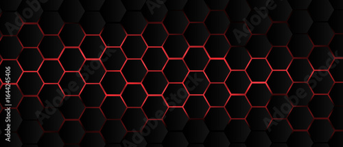 Black hexagon grid pattern on red background, bright light coming from below. Technology, connection and data concept. High resolution full frame abstract and modern background with copy space.