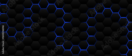 Black hexagon grid pattern on blue background, bright light coming from below. Technology, connection and data concept. High resolution full frame abstract and modern background with copy space.