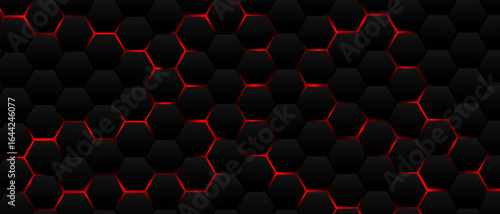 Black hexagon grid pattern on red background, bright light coming from below. Technology, connection and data concept. High resolution full frame abstract and modern background with copy space.