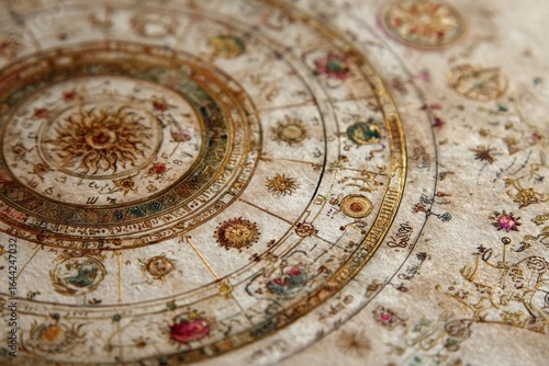 Wallpaper Mural Intricately illustrated ancient Vedic astrology chart with celestial bodies, zodiac signs, and mystical symbols on a parchment-like background with subtle golden accents. Torontodigital.ca