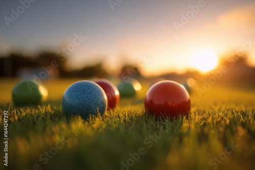 Lawn Bowls Balls in Field at Sunset - Vibrant Colors and Tranquil Scene for Sports Photography.