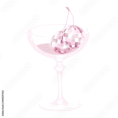 glass of margarita with a disco ball in the shape of a cherry. A poster for a bachelorette party or a retro-style bar. Champagne bachelorette party. Vector stock illustration.