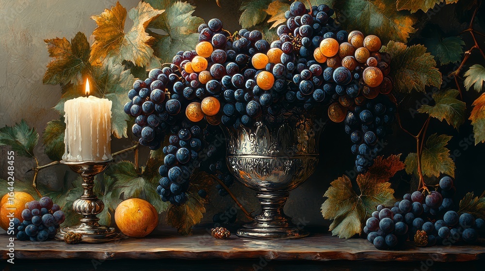 Fototapeta premium Chiaroscuro-style still life of grapes, a silver goblet, and a candle, in the dramatic lighting of Caravaggio. --ar 16:9 --stylize 750 --v 6.1 Job ID: 81ceef27-b4eb-4a7a-8d64-c3831a1a849b
