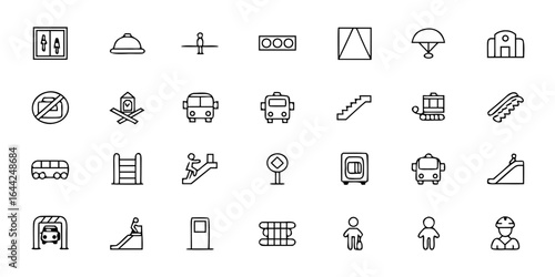 Metro & Subway Public Transport Icon Pack – Minimalist Line Art Subway Train, Station, Ticket Machine, Turnstile, Platform, Map, Escalator, and Safety Icons – Urban Rail Transit Vector Set
