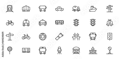 Public Transport Vehicle Icon Bundle – Minimalist Line Art City Bus, Tram, Subway, Taxi, Ferry, Commuter Train, Transit Map, Bus Stop, and Ticket Machine – Urban Transit Vector Icons