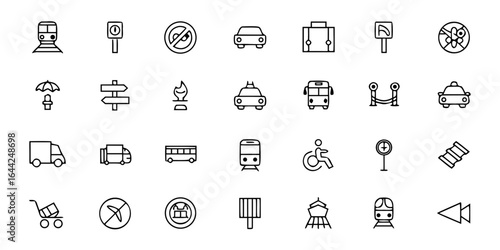City Bus & Transit Icon Bundle – Minimalist Line Art Bus, Bus Stop, Ticket Validator, Wheelchair Access, Driver, Timetable, Route Map, and Safety Features – Public Transport Vector Icons