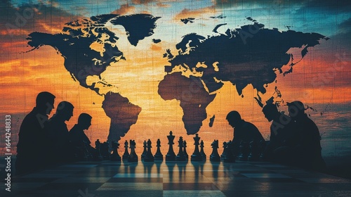 Silhouetted chess players strategize against a world map background before conflict erupts