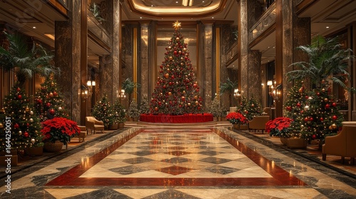 Christmas Tree and Luxurious Hotel Lobby with Red and Gold Decorations --ar 16:9 --stylize 750 --v 6.1 Job ID: e05c3774-69ca-42c1-bdc4-9d9b485e14de