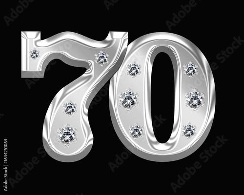  Number 70 Silver with Diamonds Isolated on Black