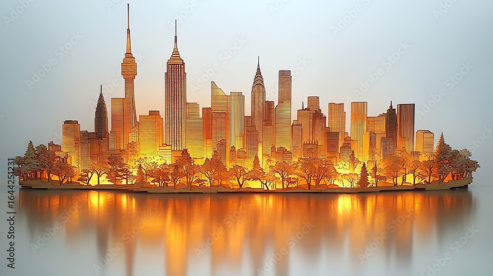 Obraz premium City Skyline â€“ A finely detailed laser-cut wooden artwork of a famous cityscape like Tokyo, New York, or Paris. --ar 16:9 --stylize 750 --v 6.1 Job ID: d9aec573-4697-40f1-ae7b-162fe35fcc43