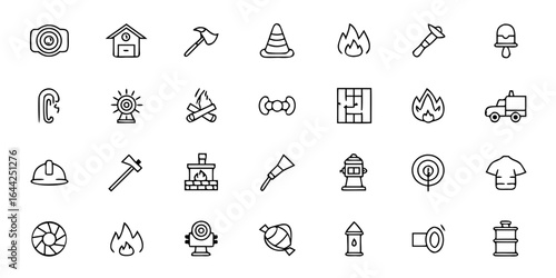 Fire Safety & Emergency Response Icon Bundle – Minimalist Line Art Fire Extinguisher, Alarm, Sprinkler, Fire Truck, Rescue Tools, Evacuation, and Firefighter Gear – Fire Protection Vector Icons 