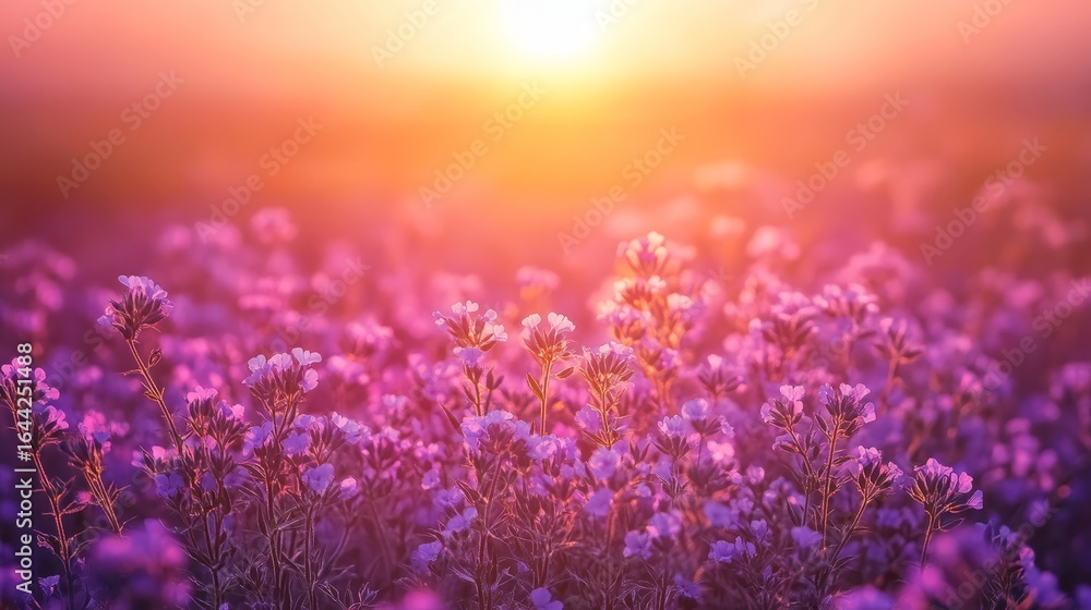 Purple phacelia flowers in a field under a vibrant summer sunset on an agricultural landscape Purple phacelia flowers in a field under a vibrant summer sunset on an agricultural landscape