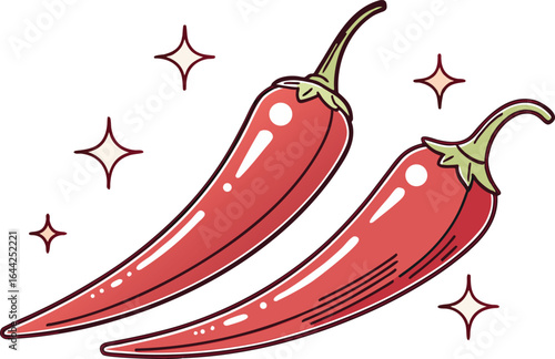 Two red chili peppers shiny spicy culinary herbs vector illustration drawing