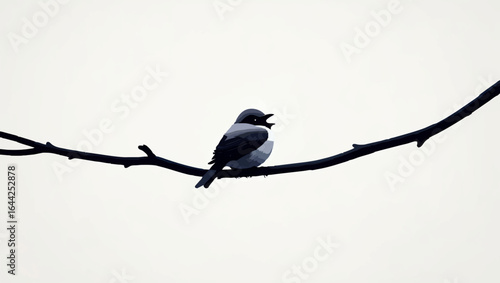 Bird Perched on Branch Silhouette Against White

