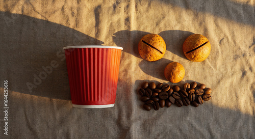 top view of coffee beans with paper cup and cookies lay out in form of face