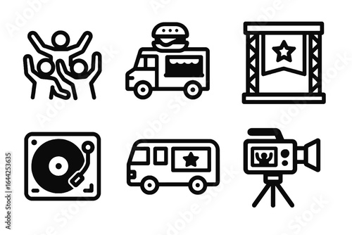 Black rock concert icon set with 6 festival and event symbols on white background. Perfect for music promotion, tour branding, and festival materials