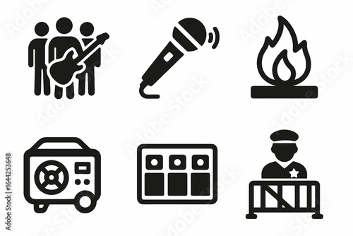 Black rock concert icon set with 6 live show and safety symbols on white background. Perfect for music festival branding, backstage passes, and event graphics