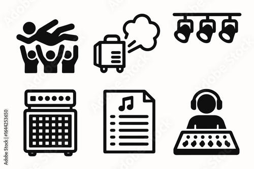 Set of 6 black vector rock show icons on white background, featuring crowd, equipment, and backstage elements. Ideal for live show posters and concert materials