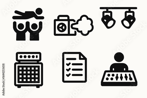 Black rock concert icon set with 6 stage and performance symbols on white background. Perfect for event branding, music apps, and festival designs