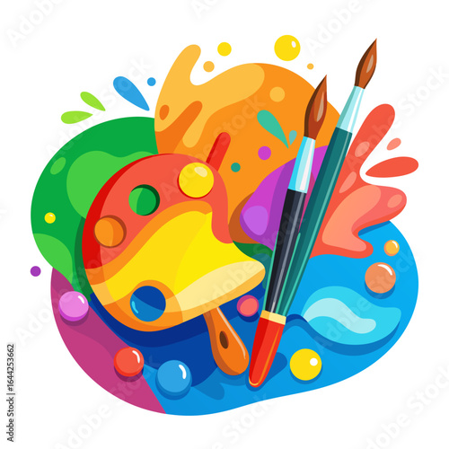 Colorful Artist Palette and Paintbrush with Acrylic Splashes Vector Illustration
