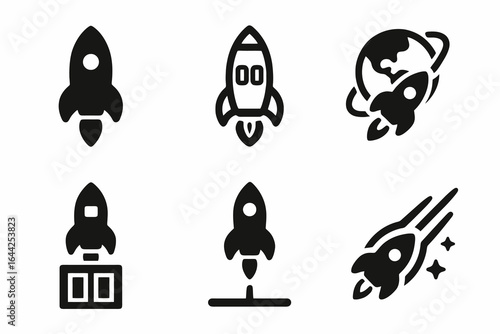Set of 6 black vector rocket icons on white background, featuring launches, landings, and orbit elements. Ideal for technology and exploration projects