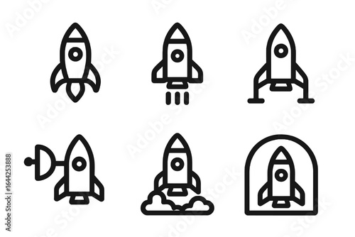 Black rocket icon set with 12 space and launch symbols. Perfect for aerospace projects, science apps, and educational designs