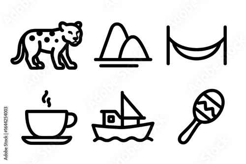 Black Brazil icon set with 6 nature and culture symbols. Perfect for travel branding, souvenirs, and tourism design projects