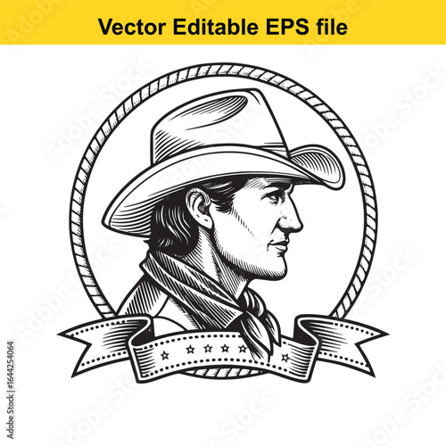 Vintage cowboy portrait with hat, banner, stars, and rope emblem isolated on white background