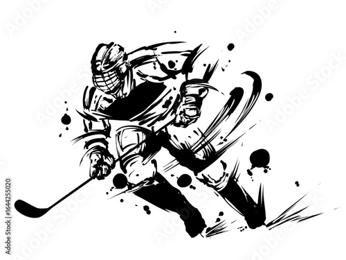Photography Ice Hockey Player in Action – Dynamic Sumi-e Ink Wash Painting
