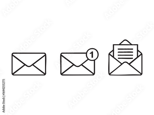 Three simple outline icons of envelopes showing closed closed with notification and open with document inside