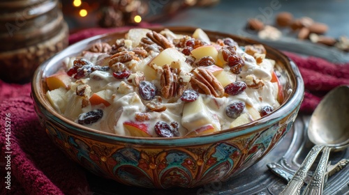 Mexican Christmas apple salad with creamy dressing, apples, nuts, and raisins, served in a festive dish, ready for a holiday feast.