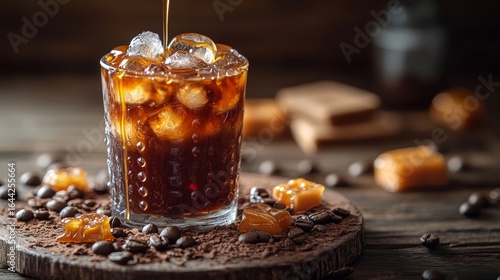 Cold Brew Coffee with Ice and Caramel Drizzle in Cinematic Detail --ar 16:9 --stylize 750 --v 6.1 Job ID: 5e8dd13c-3b2b-4c2b-8d2f-8c93d7320086