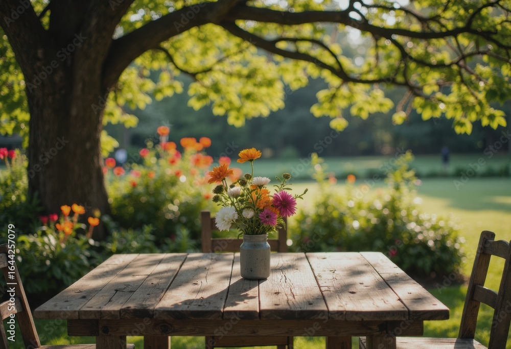 Fototapeta premium Senior couple's outdoor space with a rustic table and vibrant flowers