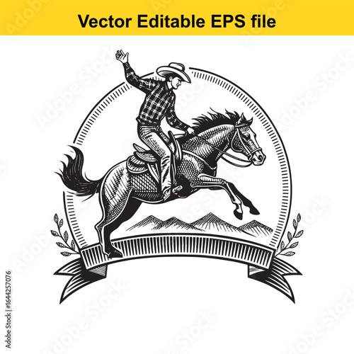 Cowboy on horseback with raised arm, western rodeo emblem isolated on white background