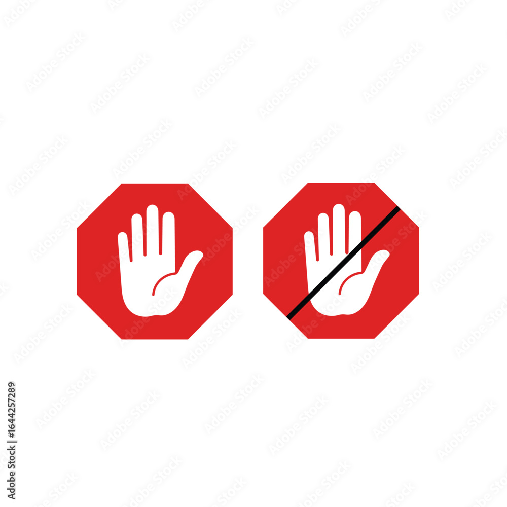 Fototapeta premium Red Stop Sign with Hand Graphic Symbolizing No Entry and Prohibition Featuring Simple Bold Lines and Shapes on a White Background Signifying Restriction and Control