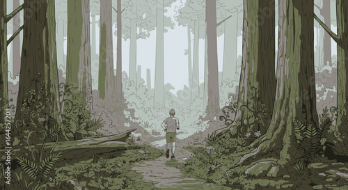 A solitary journey on a pixelated path through a tranquil forest, a retro digital illustration of walking into the light.