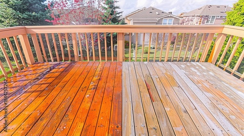 Wooden deck shown in a before-and-after view, highlighting bright restored wood color after renovation.