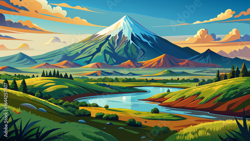 Soft clouds drift around snow-capped peaks, sunlight painting the slopes in warm hues, as wildflowers bloom across fertile meadows, celebrating the timeless natural beauty of Mount Taranaki’s serene a