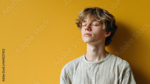 young man with closed eyes takes deep breath reflecting tranquility against clean ultrabright yellow wall