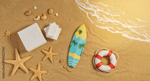top view of paper beach with starfishes, towels, surfboard and lifebuoy on sand