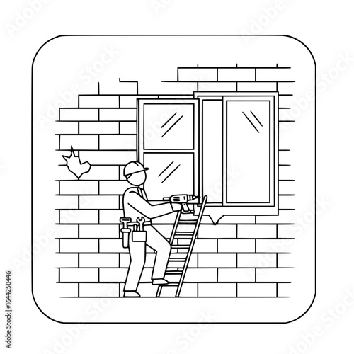 Construction worker using ladder to install window on brick wall  - replace window vector 