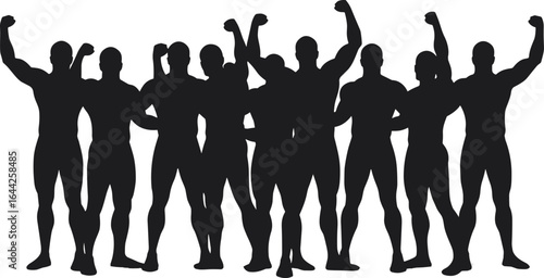 Muscular man silhouette set, bodybuilder poses vector, flexing arms group illustration, strong male physique clipart, fitness strength design, gym workout art