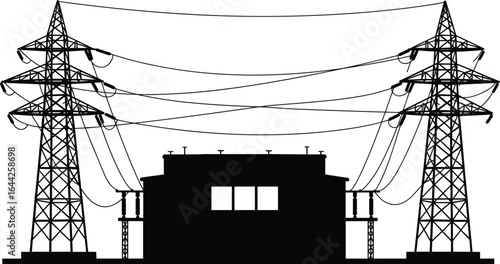Electric substation silhouette, high voltage power lines, electricity transmission, energy distribution, 