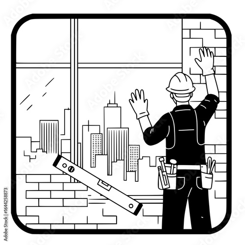 Construction worker installing wall bricks with city skyline view  - replace window vector 