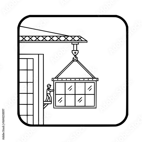 Worker installing window using crane on building construction site   - replace window vector 