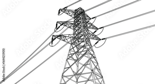 Electric transmission tower, power lines, high-voltage pylon, steel lattice tower, electrical grid infrastructure, overhead power cables, energy distribution system